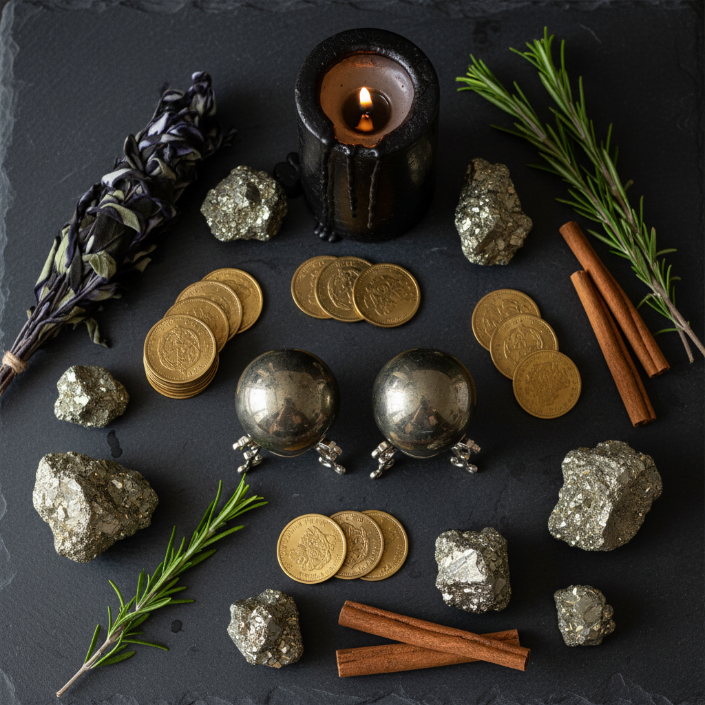 Sfere Pirite - flatlay ardesia con pirite grezza e monete