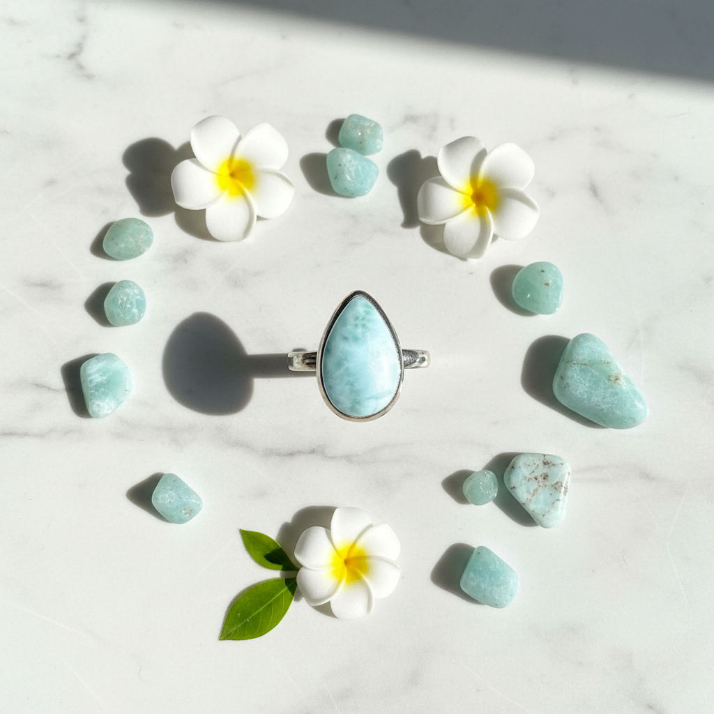 Anello Statement in Argento con Larimar Naturale - flat lay marmo