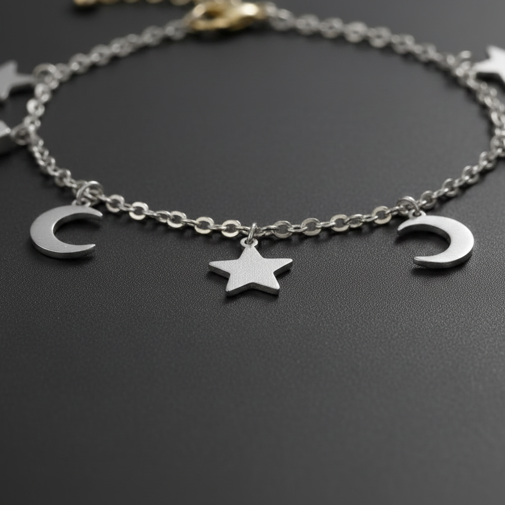 Bracciale silver luna e stelle - macro close-up