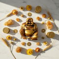 Buddha ridente legno dorato - flatlay marmo con citrino e monete