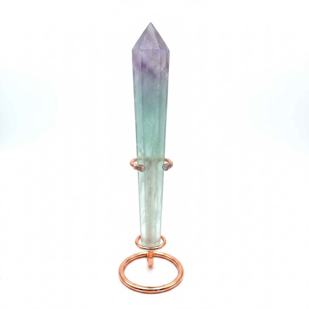 Torre di Fluorite con Base in Rame - sfondo bianco