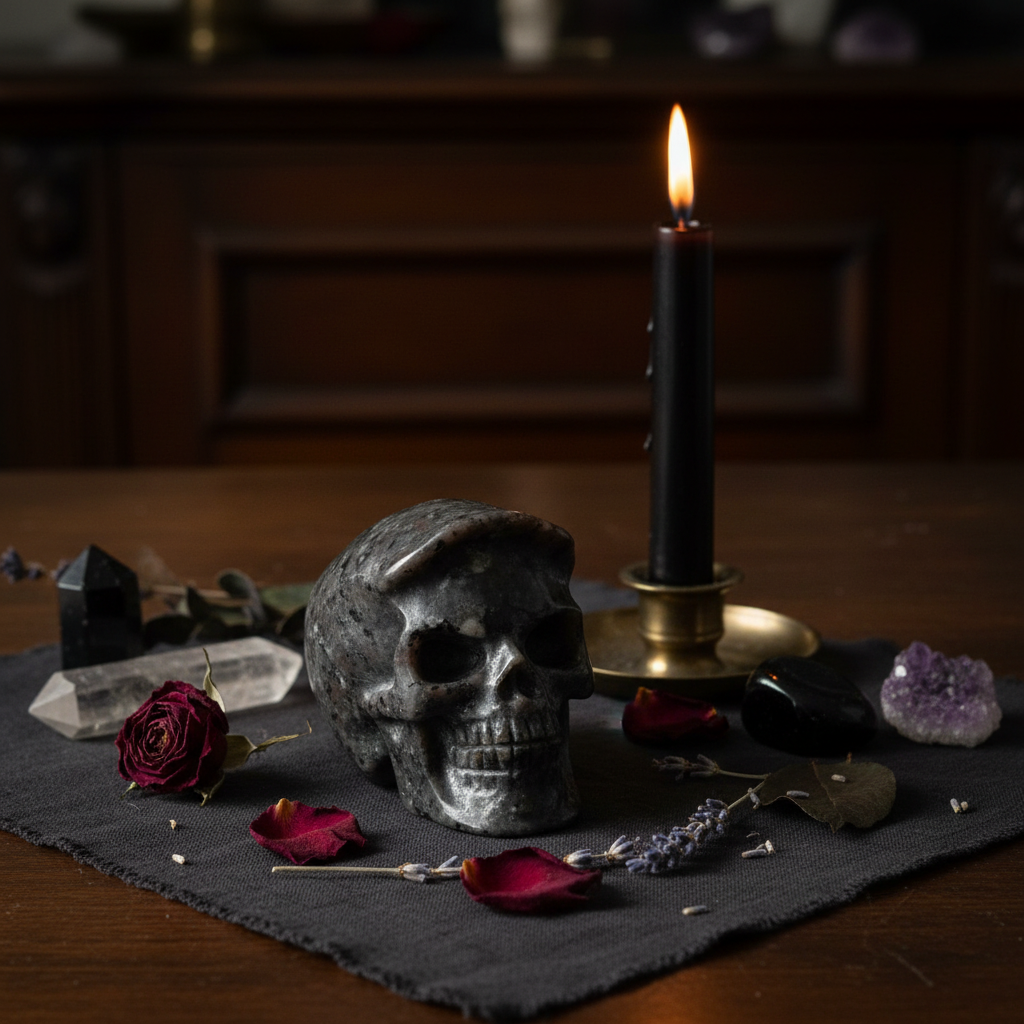 Teschio Santa Muerte Yooperlite - composizione altare