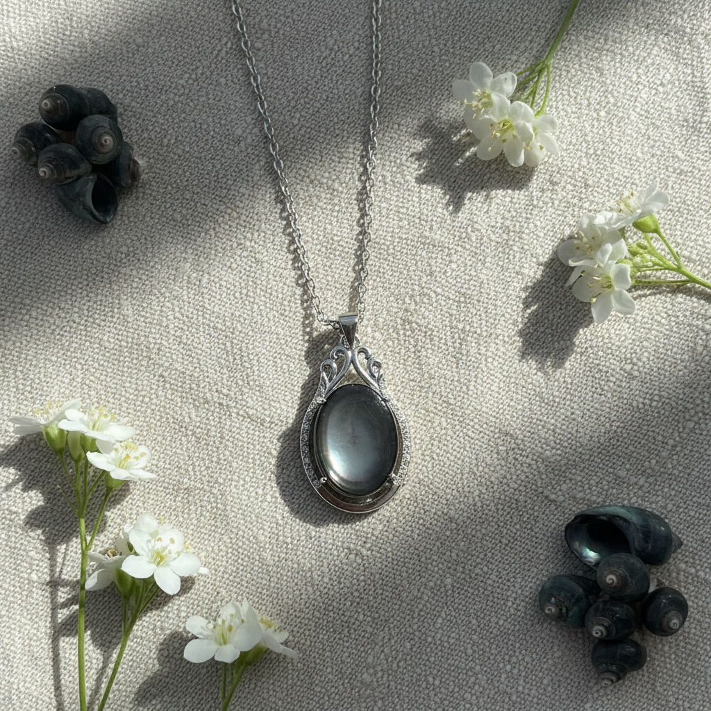 Collana madreperla nera con fiori e conchiglie
