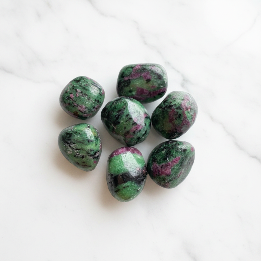 Rubyzoisite burattata - flatlay su marmo