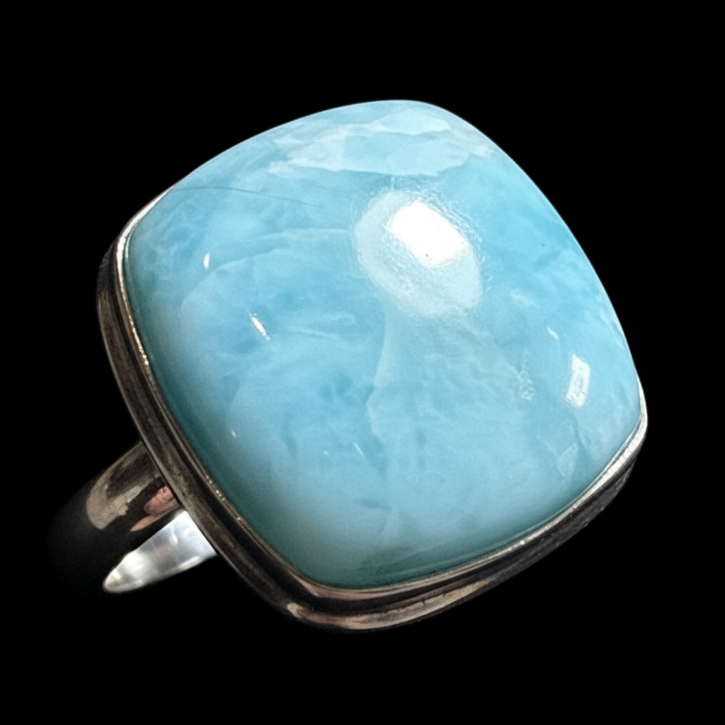 Anello Statement in Argento con Larimar Naturale Quadrato - close-up larimar quadrato