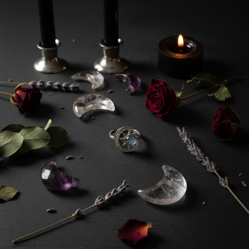 Anello sole e luna labradorite - flat lay cosmico
