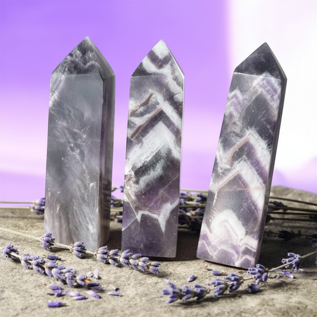 Torri di ametista chevron su pietra con lavanda e petali viola