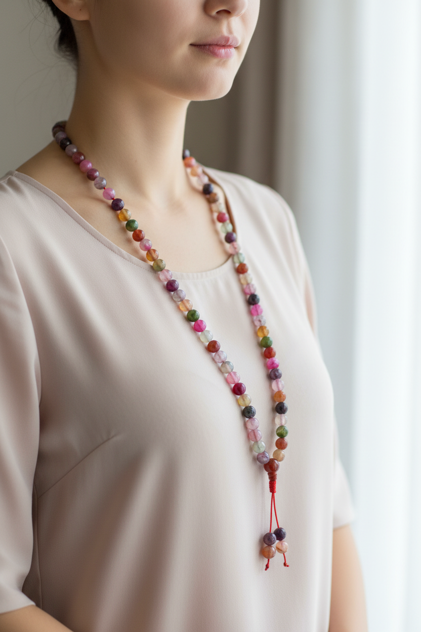 Mala tibetano agata colorata - indossato come collana