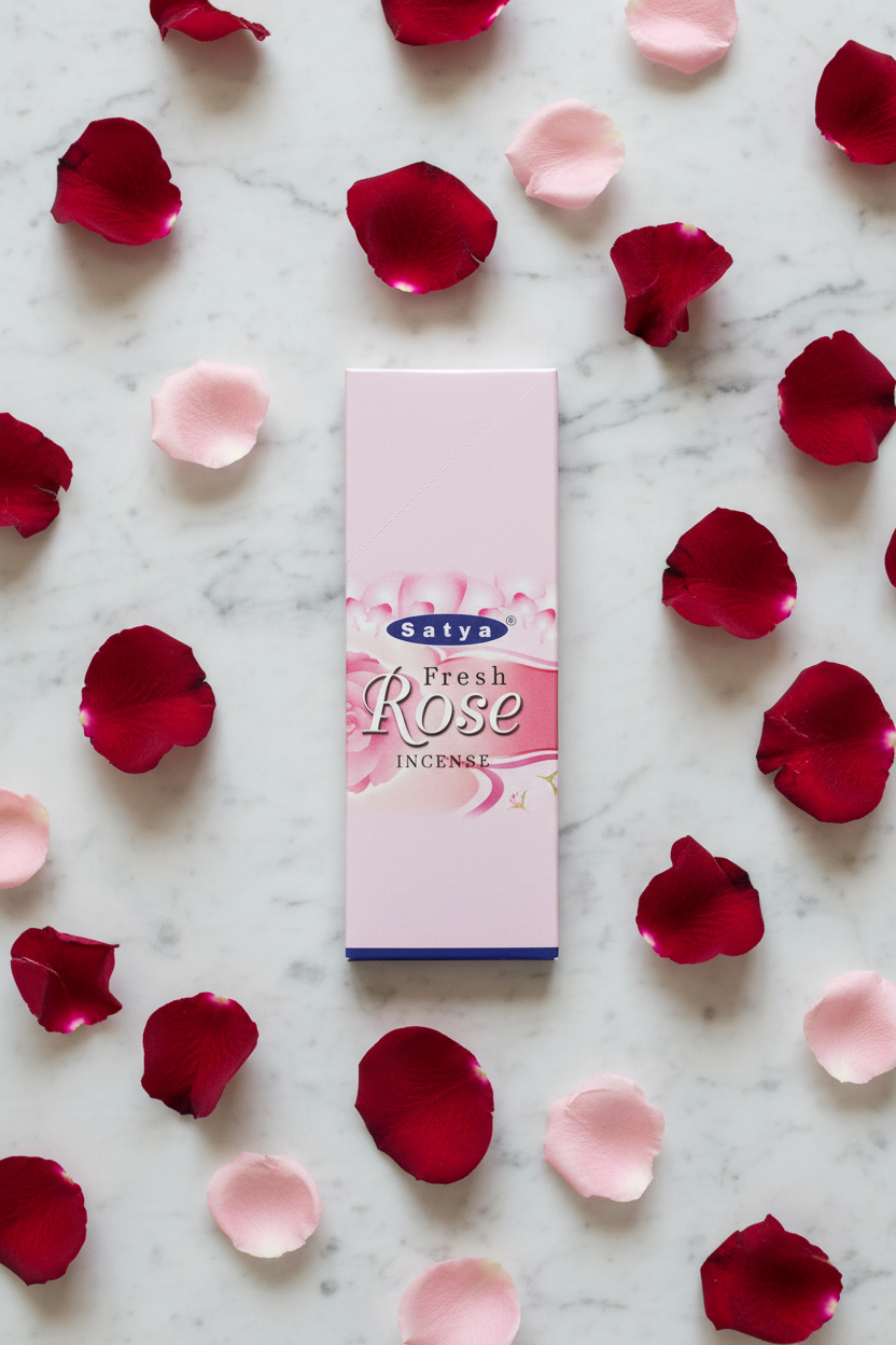 Satya Fresh Rose Incense - flatlay su marmo