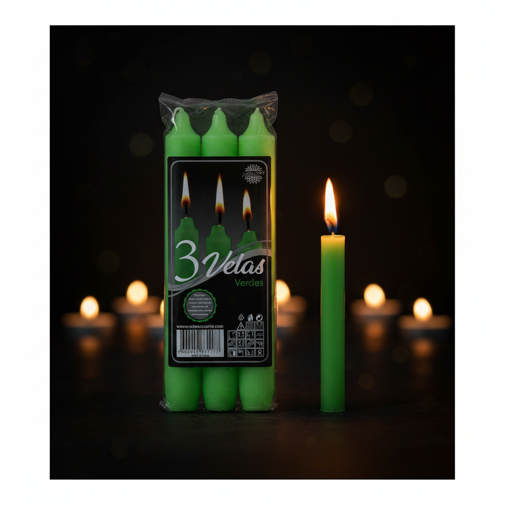 Set da 3 candele verdi con candela accesa sfondo scuro