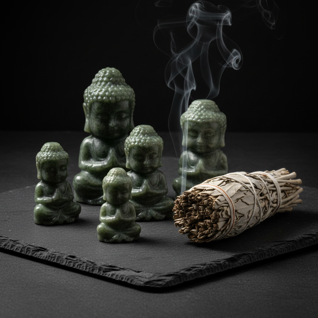 Buddha Giada Verde Xiuan - con incenso su ardesia