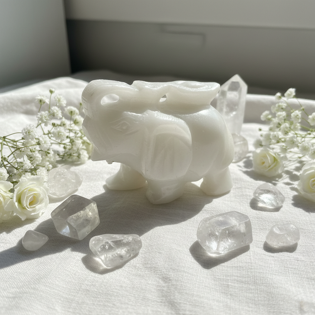 Elefante Portafortuna in Giada Bianca - fiori e cristalli