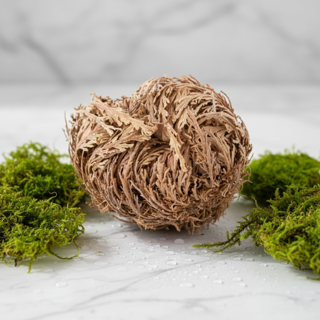 Rosa di Gerico su marmo bianco con muschio e gocce d'acqua