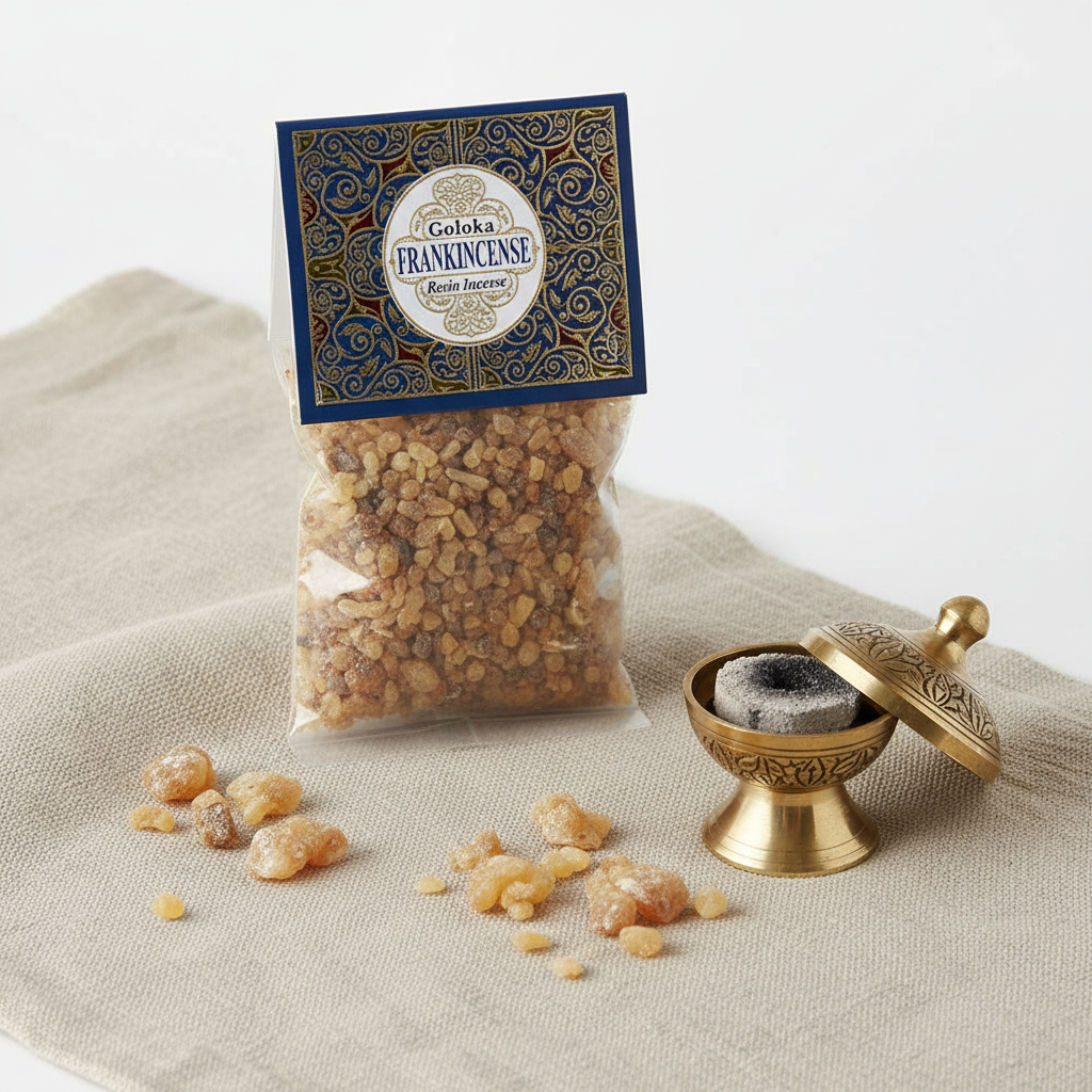 Resina frankincense Goloka - lifestyle su lino con bruciatore