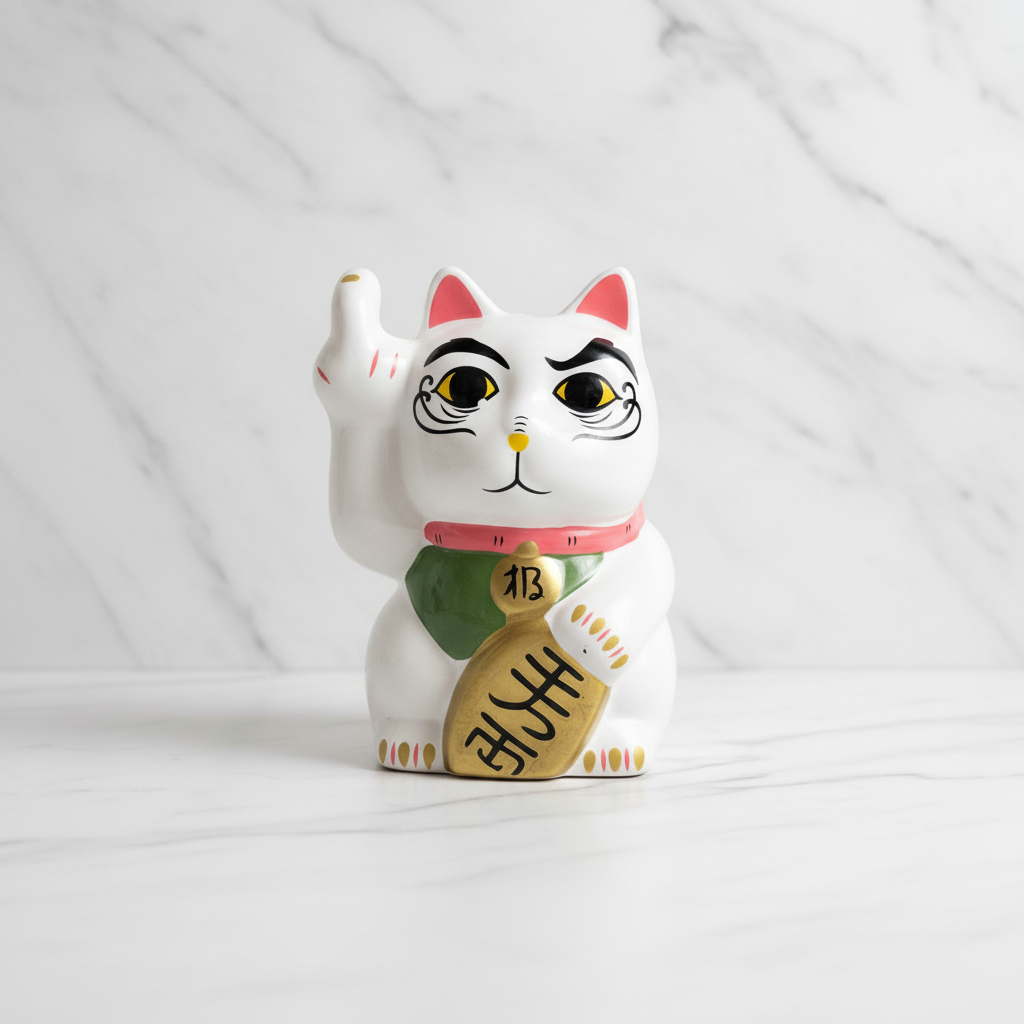Maneki Neko Salvadanaio - flatlay su marmo