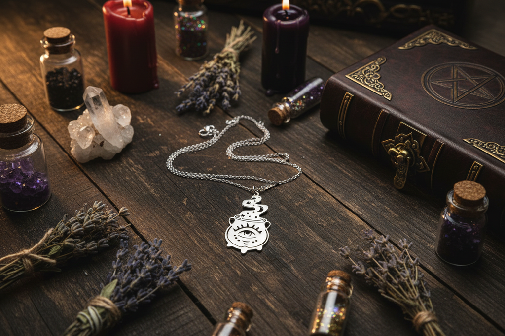 Collana Calderone Magico con cristalli erbe e bottiglie di pozione - lifestyle alchimia