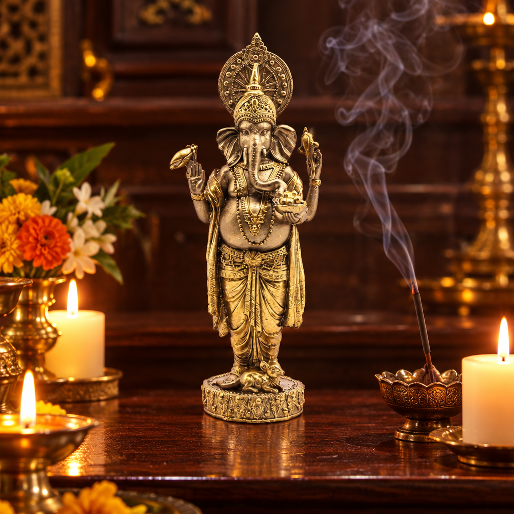 Statua di Ganesh in resina su altare con candele e incenso