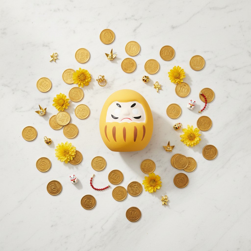 Daruma Giallo Giapponese - flat lay marmo