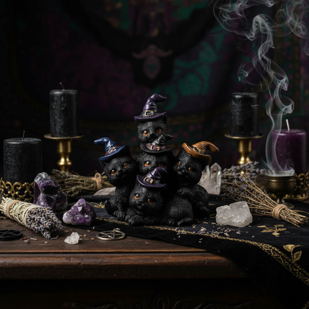 Statuina famiglia di gatti Wicca su altare mistico con candele e cristalli
