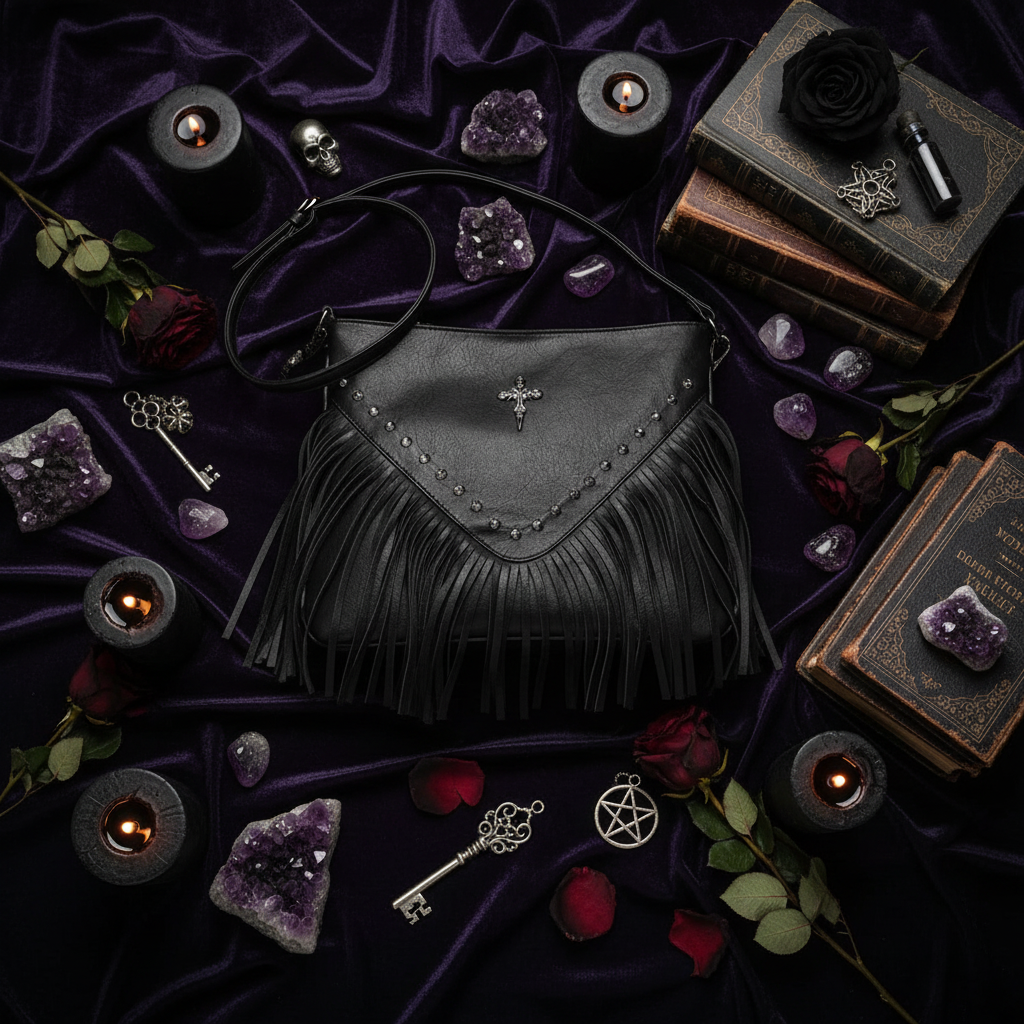 Borsa Ecopelle Frange Croce - flat lay dark con cristalli