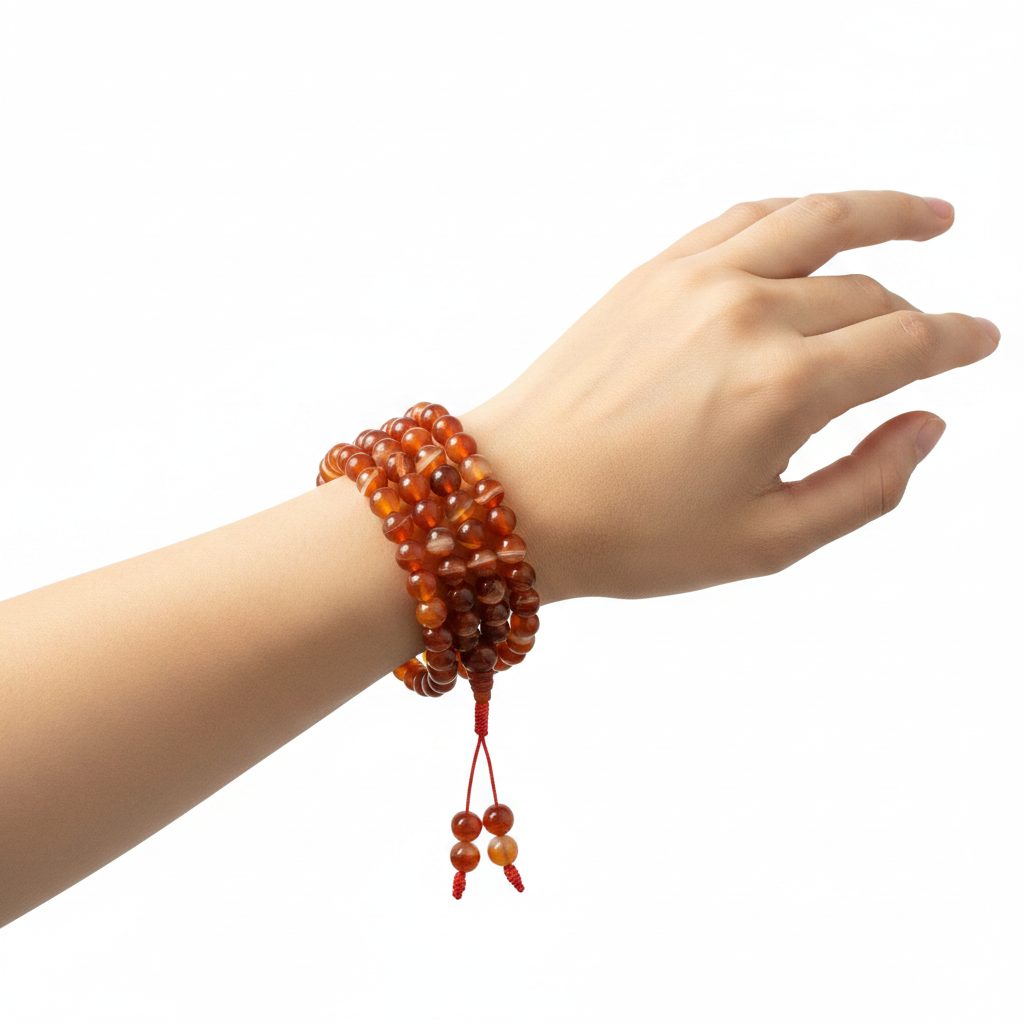 Mala tibetano agata rossa striata - indossato al polso