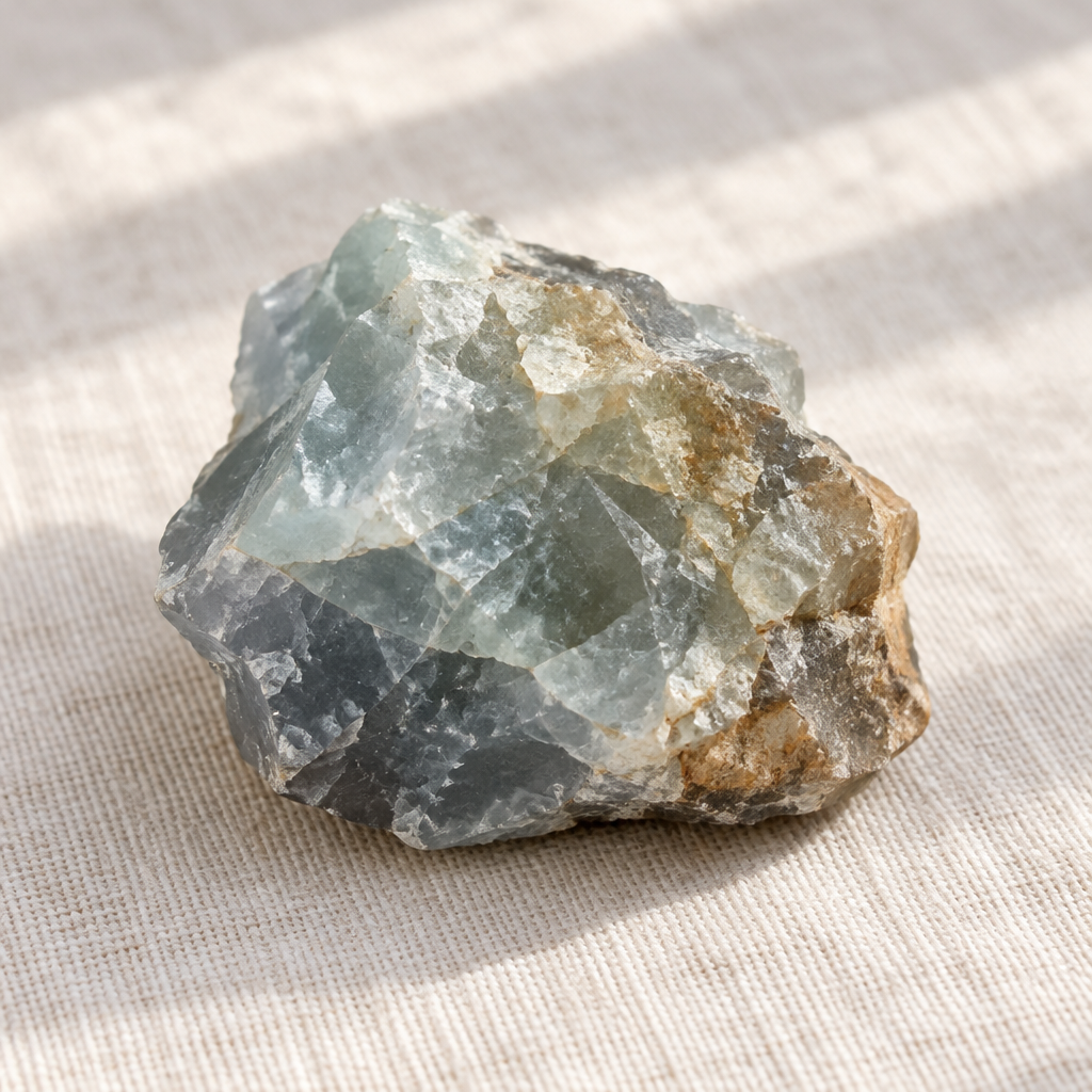 Fluorite blu grezza su lino
