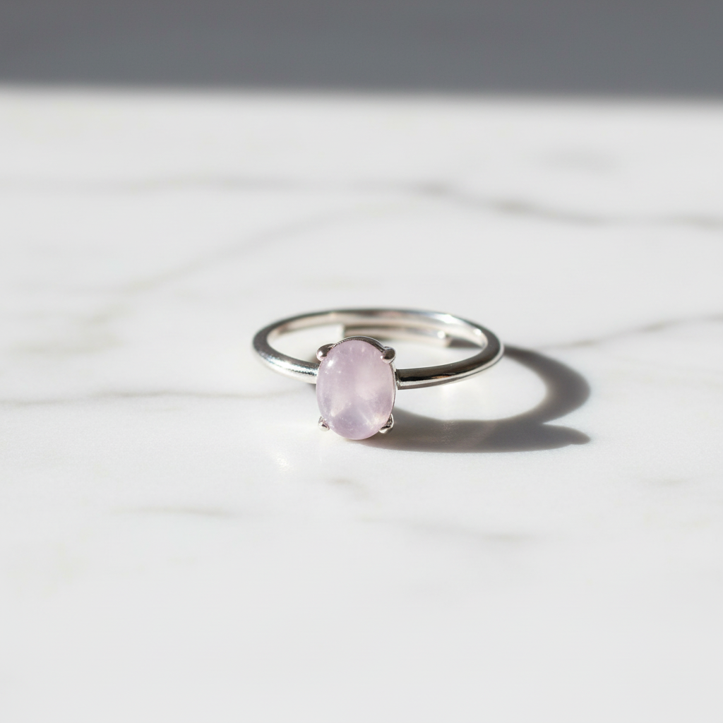 Anello kunzite su marmo bianco