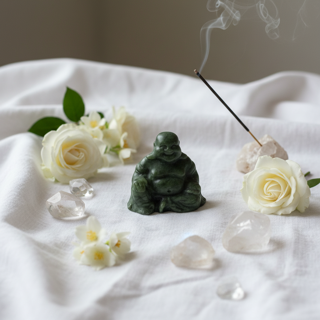 Buddha Piccolo in Giada Verde - fiori e cristalli su lino