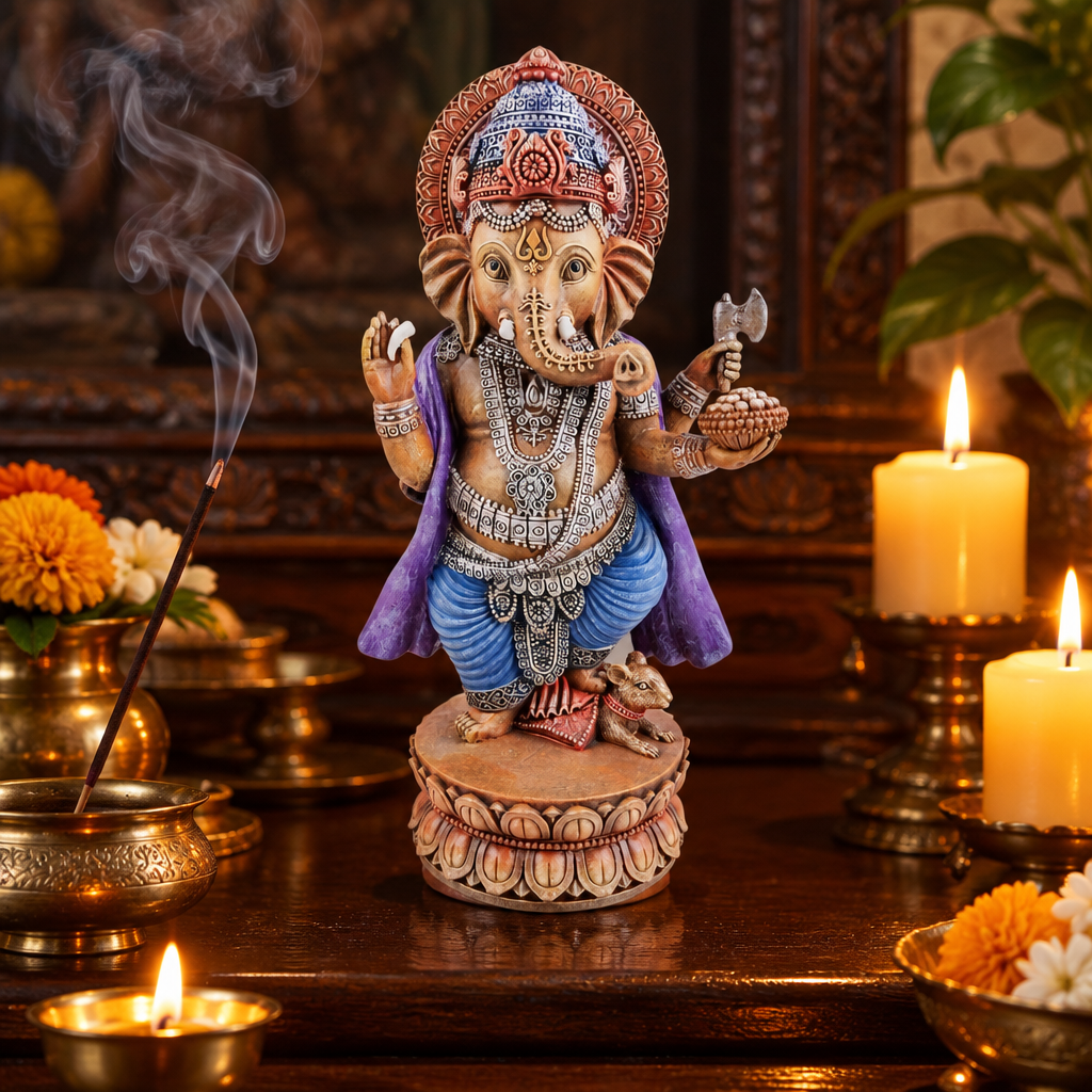 Statua di Ganesh in resina su altare con candele e incenso