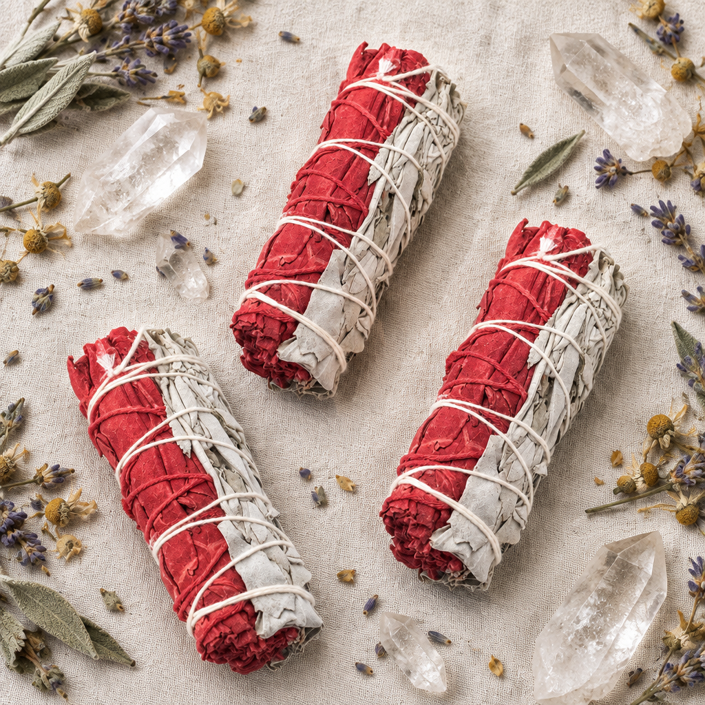 Torce di salvia su lino chiaro con cristalli ed erbe secche