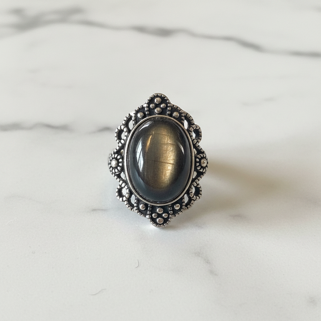 Anello ossidiana gold flatlay marmo