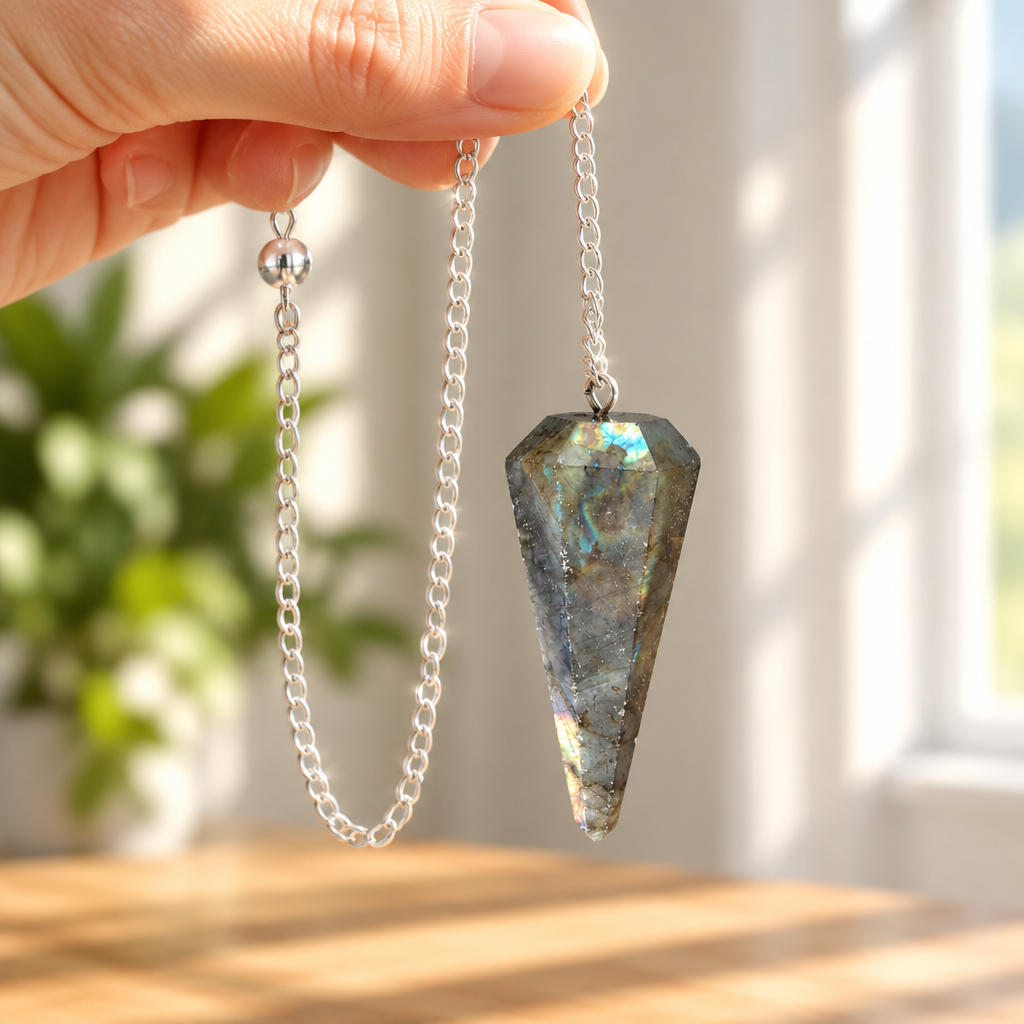 Pendolo in labradorite tenuto per la catena