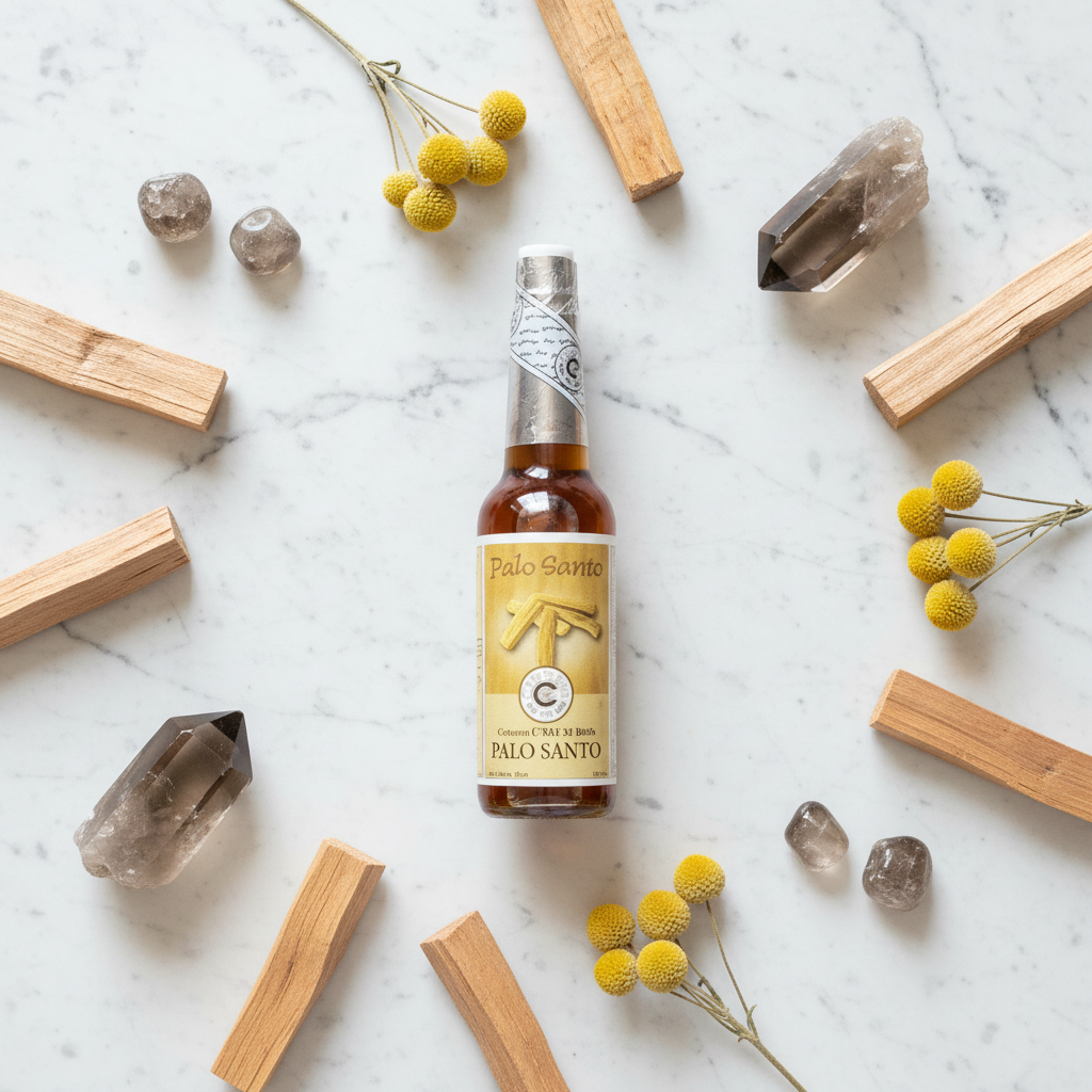 Flatlay su marmo con legni di palo santo e quarzo fumé