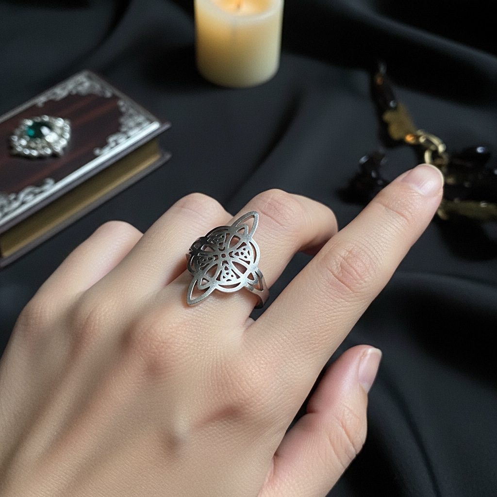 Anello nodo della strega in acciaio inox - indossato