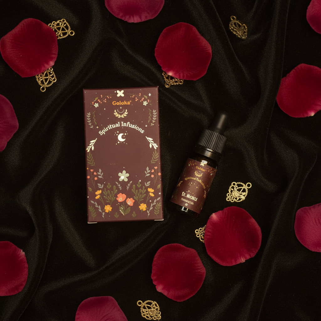 Olio fragranza Goloka St. Michele - flatlay su velluto scuro con petali di rosa