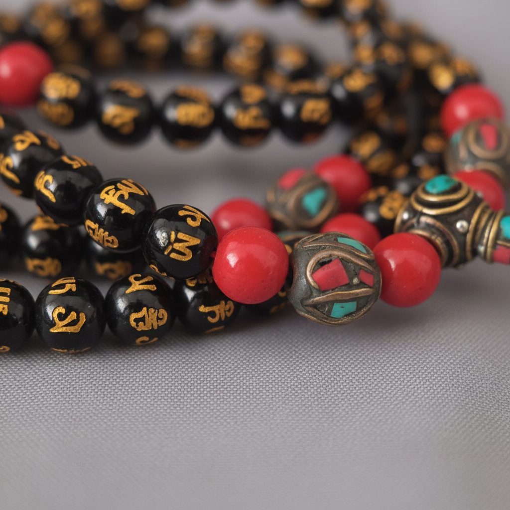 Japamala agata nera con mantra Om tibetano - macro close-up perle