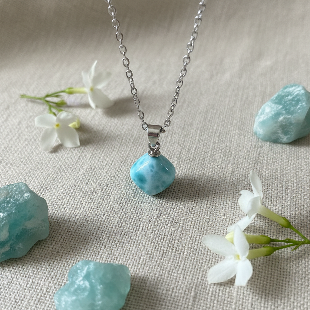 Collana larimar con fiori e pietre