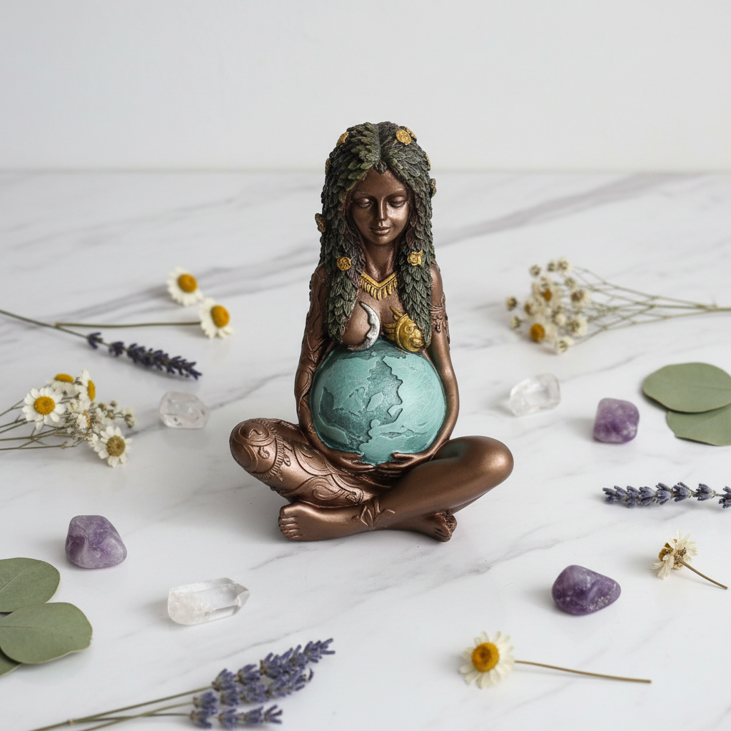 Statua Madre Terra Gaia - flatlay su marmo