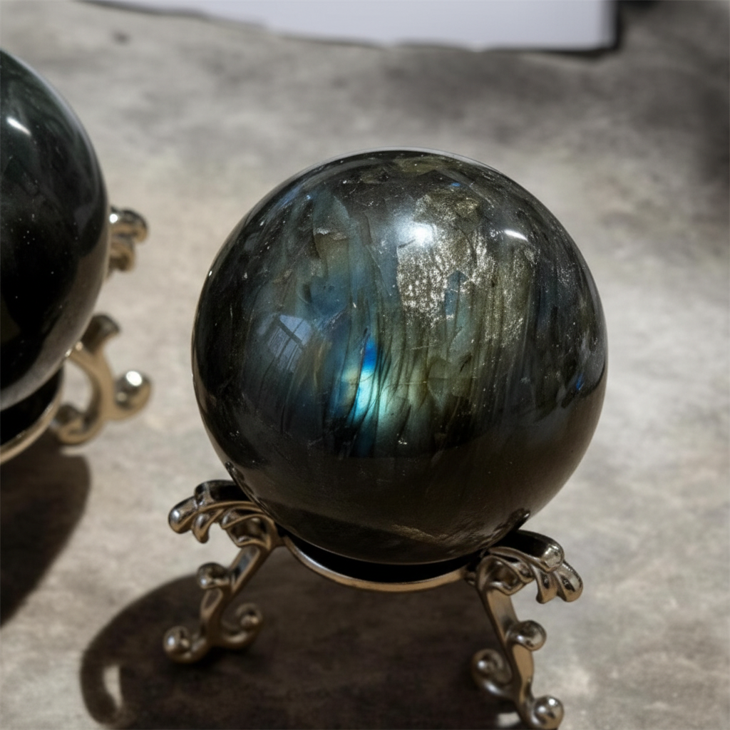 Sfera Labradorite close-up iridescenza blu oro e verde