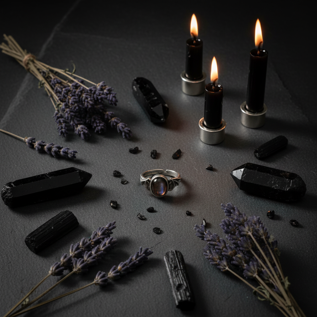 Anello pipistrello ossidiana silver - flat lay esoterico
