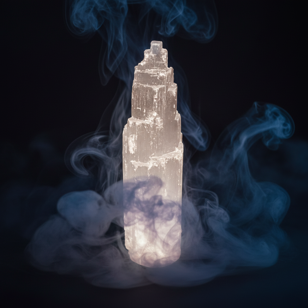 Cattedrale di selenite 15cm - sfondo mistico con luce e fumo