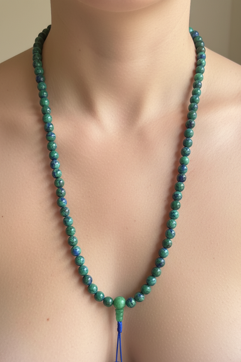 Japamala crisocolla verde-blu indossato al collo