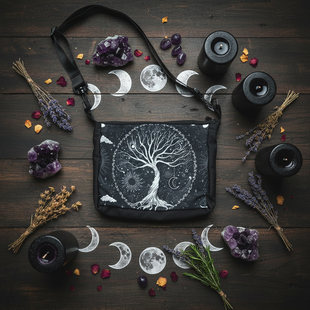 Borsa Tracolla Albero della Vita - flat lay altare esoterico