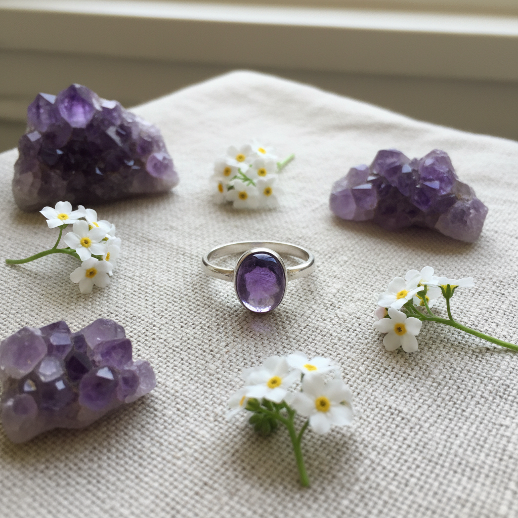 Anello ametista argento con fiori e cristalli