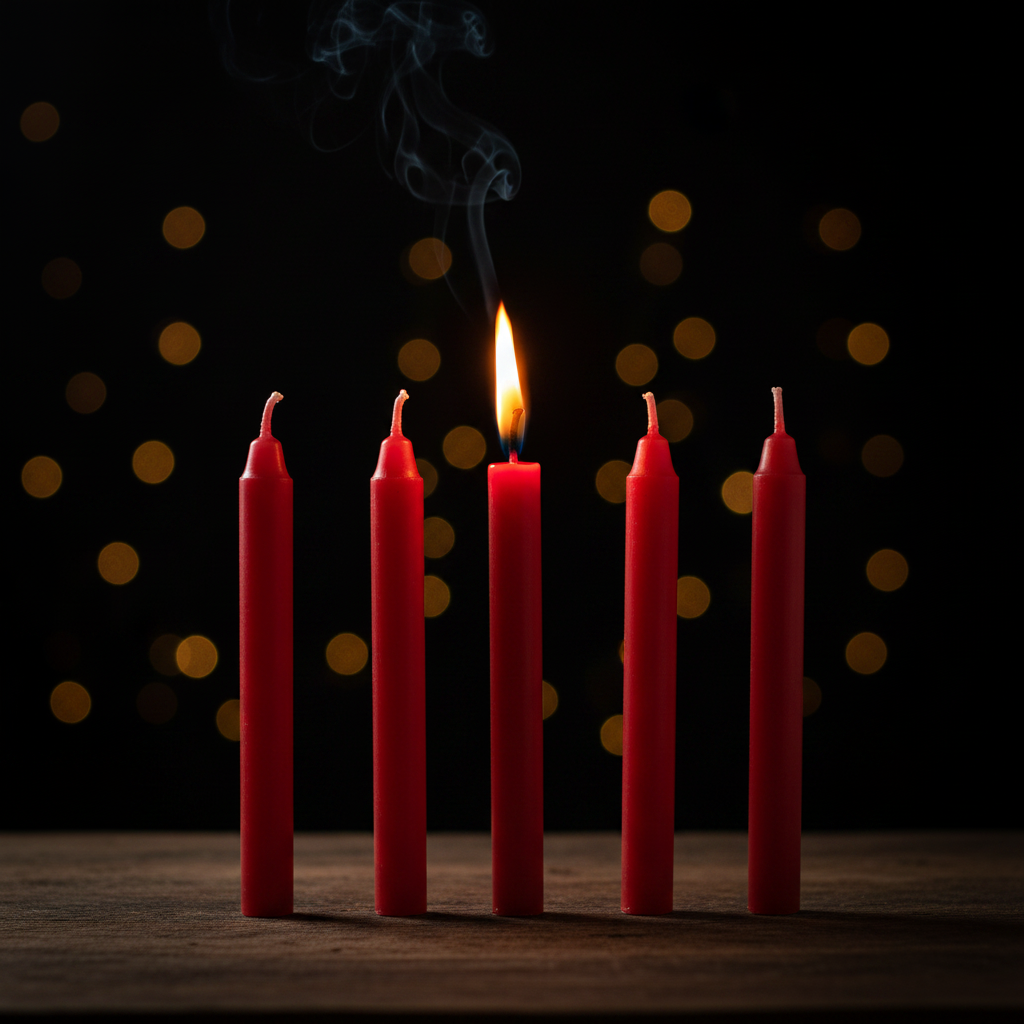 5 candele rosse per rituali con candela accesa sfondo scuro