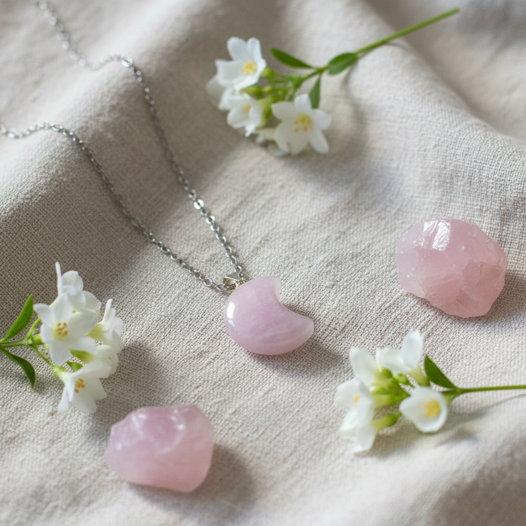 Collana luna kunzite con fiori e cristalli