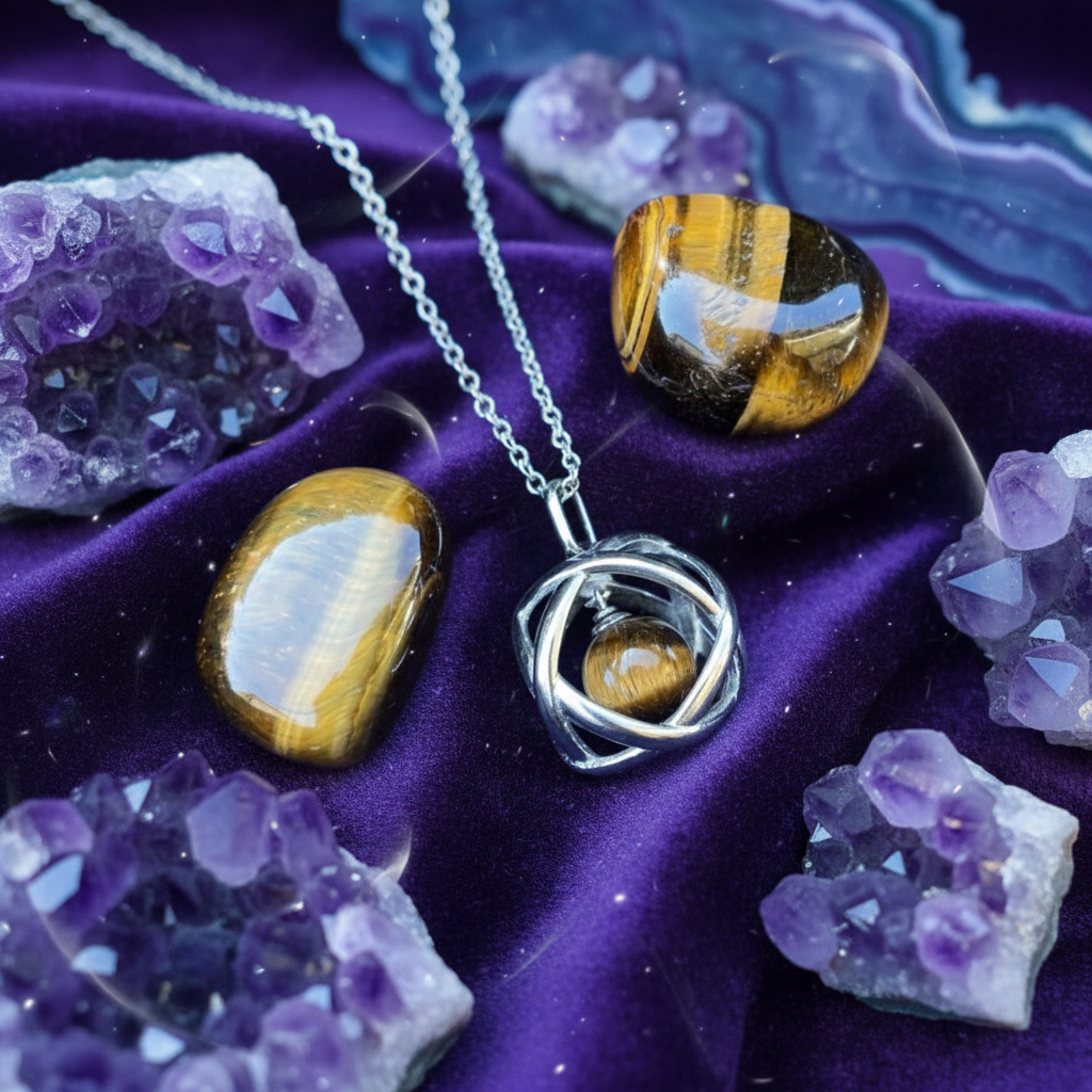 Collana Genesa Occhio di Tigre - sfondo cristalli e ametiste
