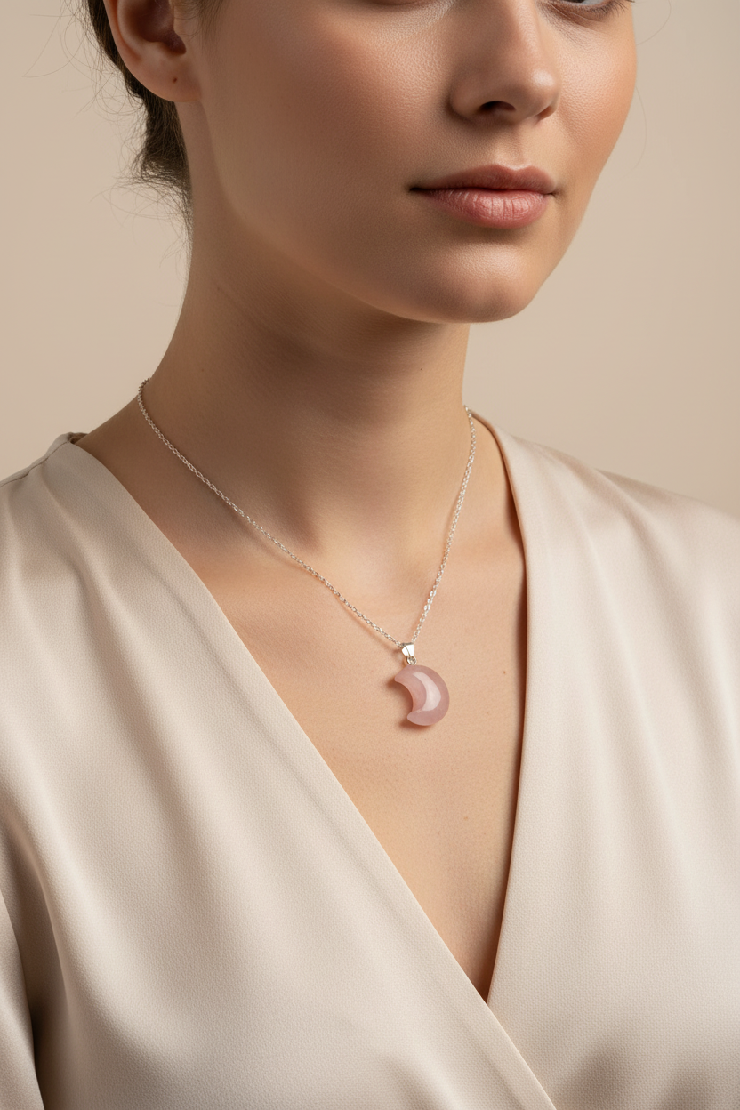 Collana Luna Quarzo Rosa indossata