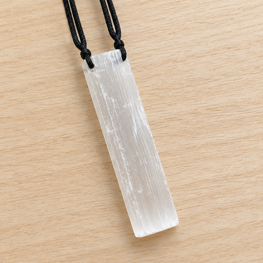 Collana con barra in selenite su legno chiaro