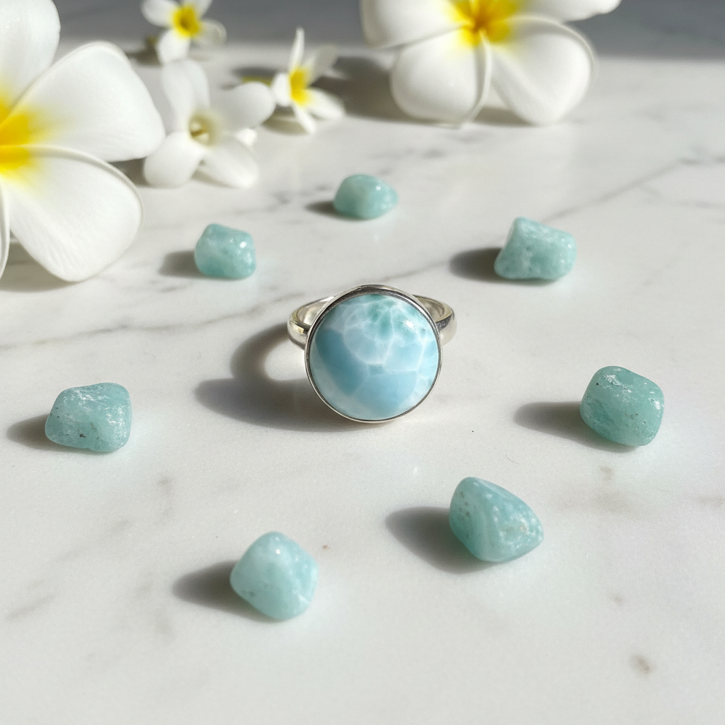Anello Statement in Argento con Larimar Naturale Rotondo Grande - flat lay marmo